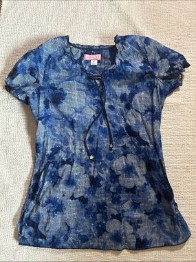 Koi Blue Floral Tie-Neck Women's Scrub Top